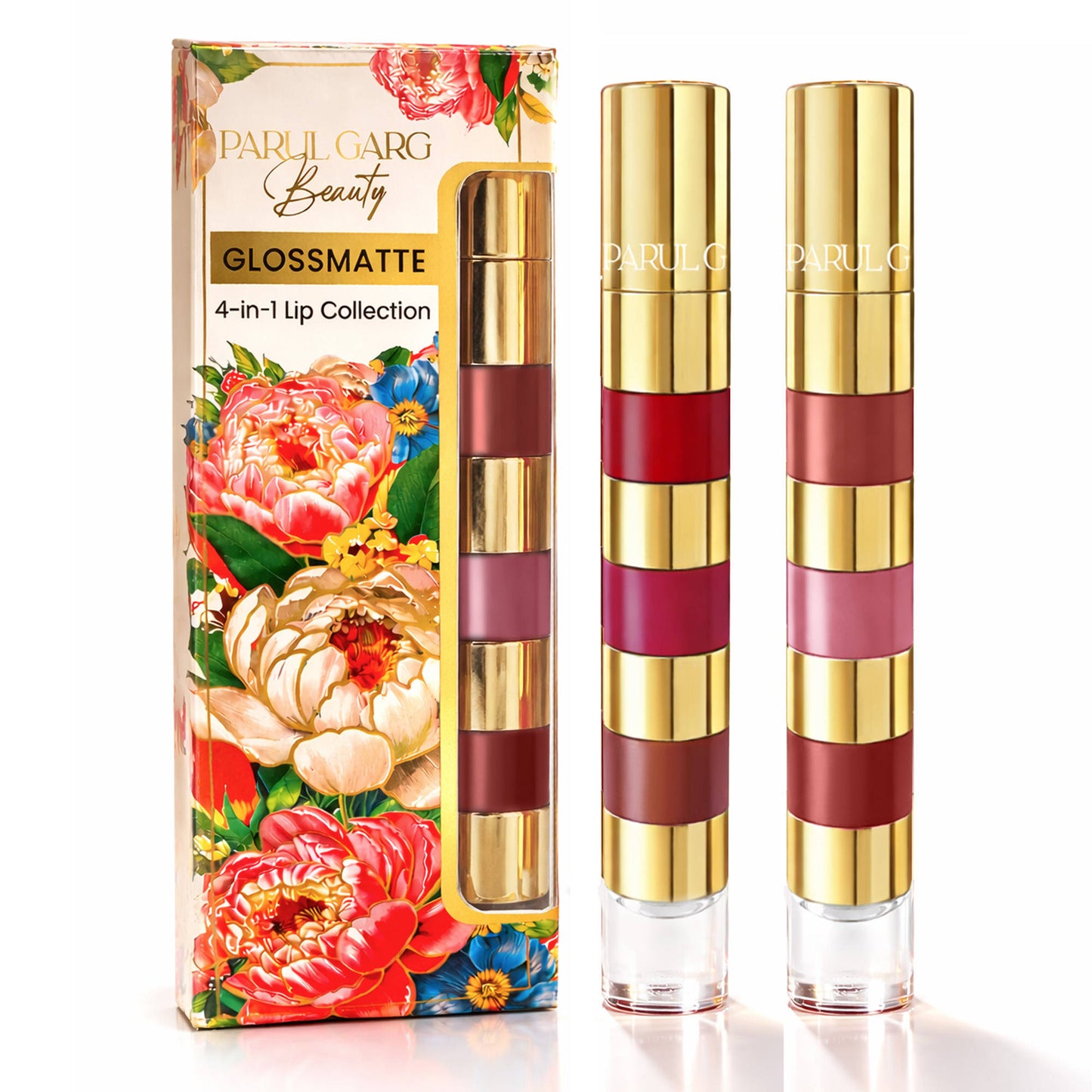 Parul Garg Beauty 4-in-1 Bold & Nude Shades Smudge-Proof Liquid Lipstick Stack with Gloss -Pack of 2
