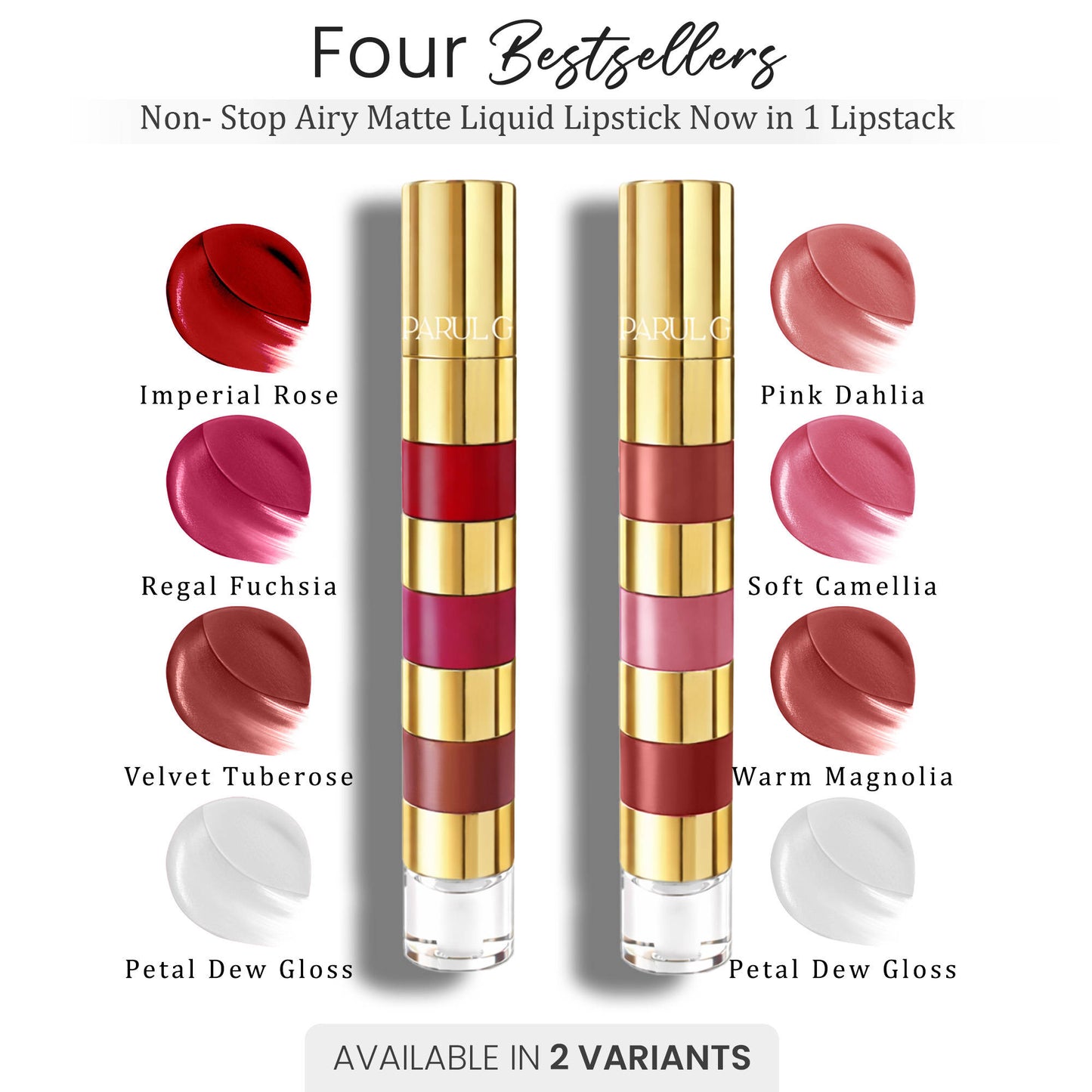 Parul Garg Beauty 4-in-1 Bold & Nude Shades Smudge-Proof Liquid Lipstick Stack with Gloss -Pack of 2