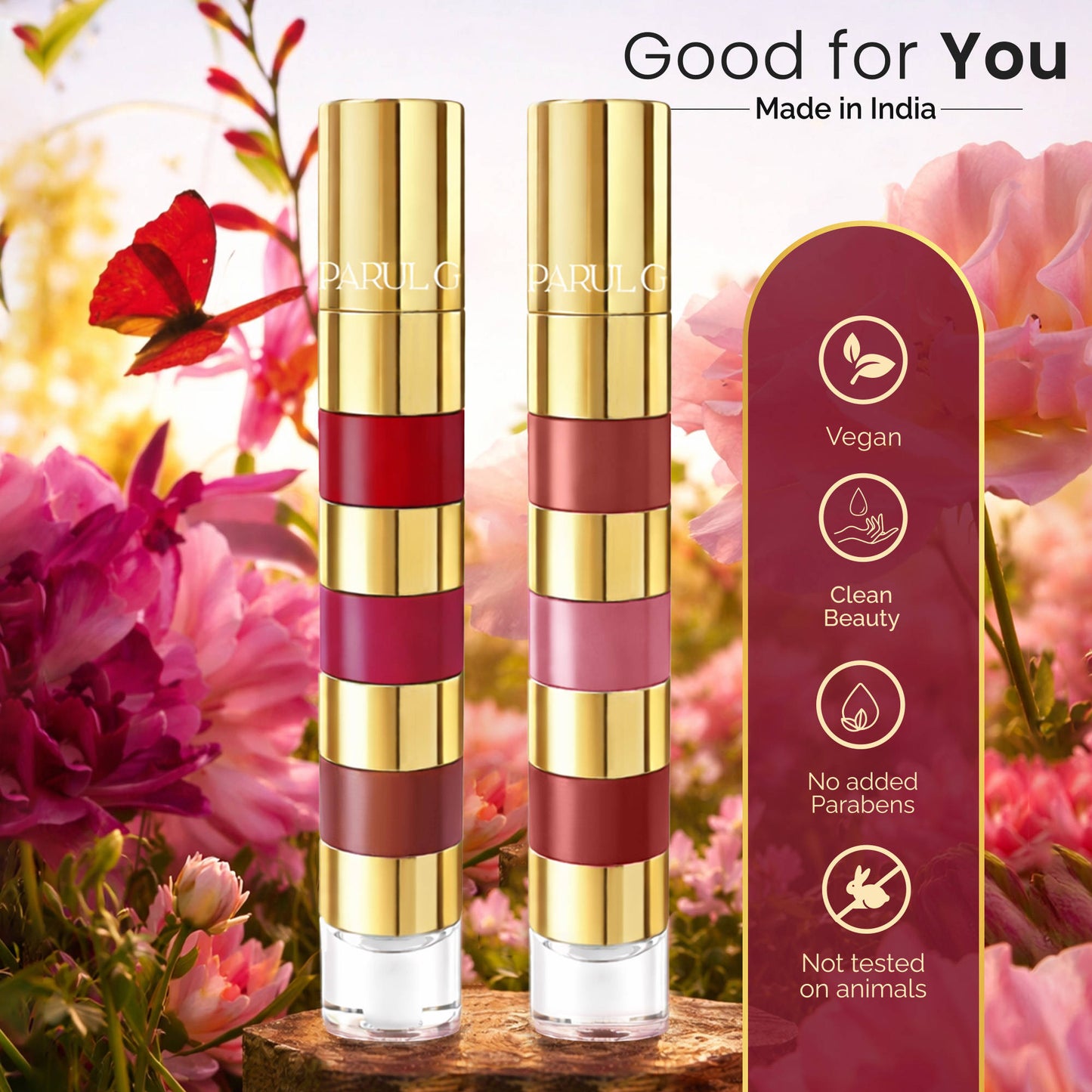 Parul Garg Beauty 4-in-1 Bold & Nude Shades Smudge-Proof Liquid Lipstick Stack with Gloss -Pack of 2