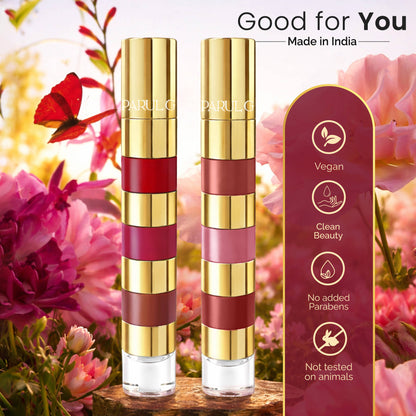 Parul Garg Beauty 4-in-1 Bold & Nude Shades Smudge-Proof Liquid Lipstick Stack with Gloss -Pack of 2