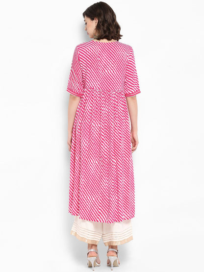 Indyancart VA Women's Pink & White Embroidered Kurta with Palazzos