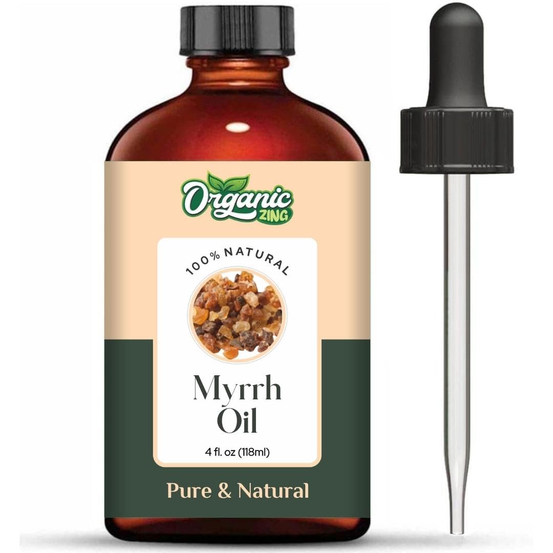 Organic Zing Myrrh Oil in a glass bottle, natural essential oil for aroma, skincare, massage, and diffuser use.