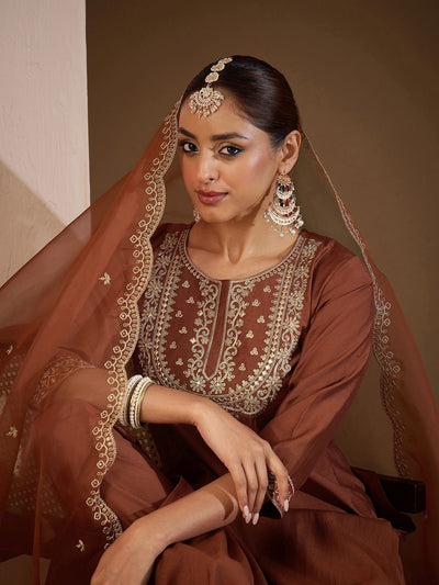 Indyancart IE Women Ethnic Motifs Embroidered Regular Liva Kurta with Trousers & With Dupatta
