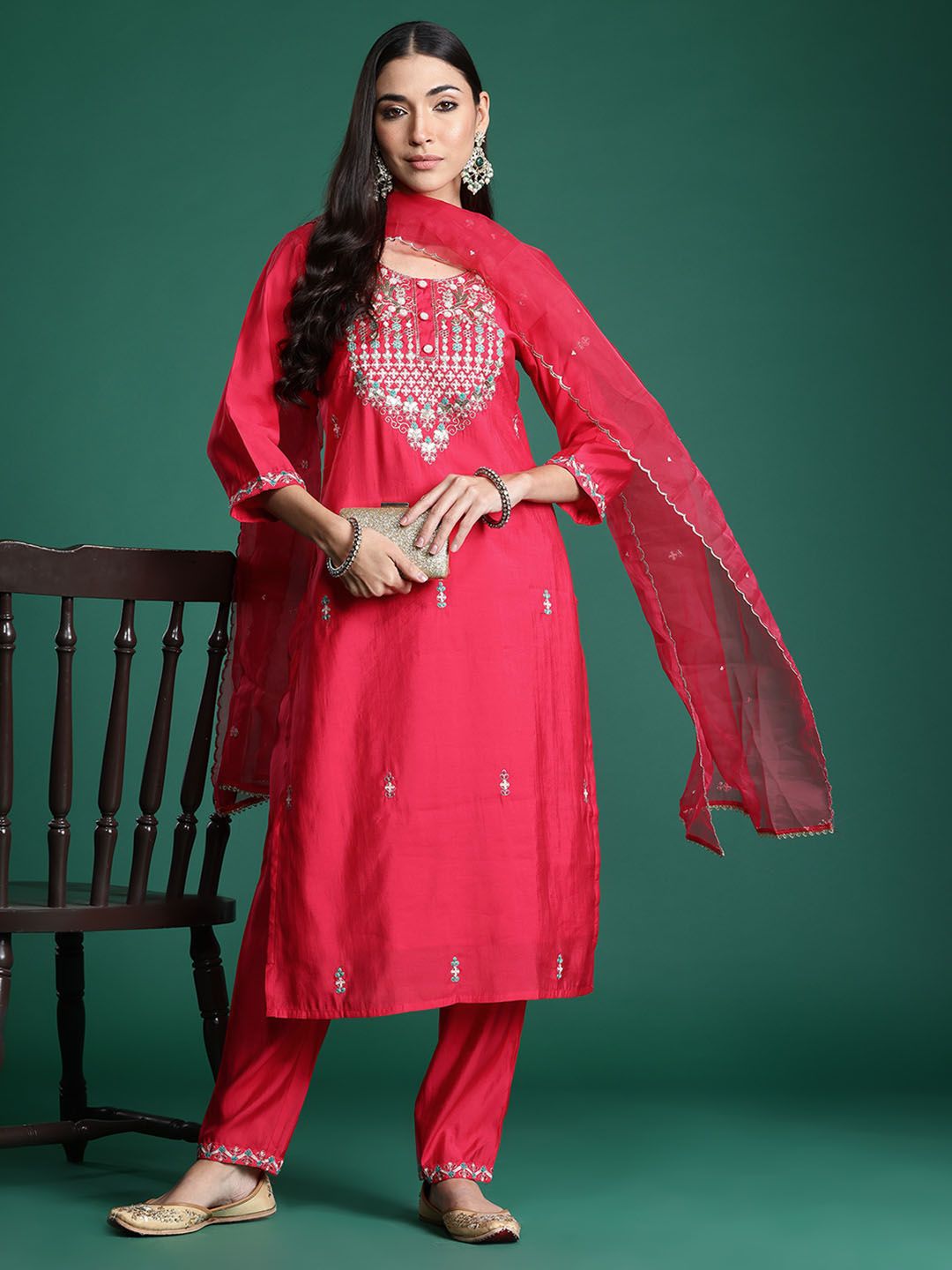 Embroidered Sequinned Kurta with Trousers & With Dupatta