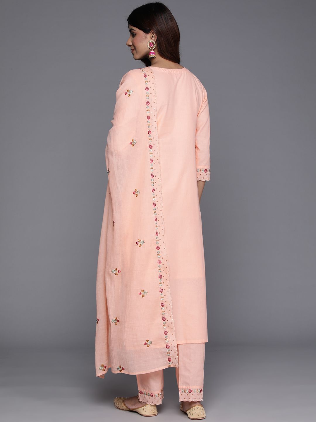Indyancart VA Women'sFloral Embroidered Sequinned Pure Cotton Kurta with Trousers & Dupatta