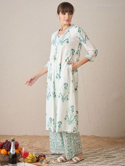 Indyancart IE Floral Printed Pure Cotton V Neck A-Line Tunic And Palazzos