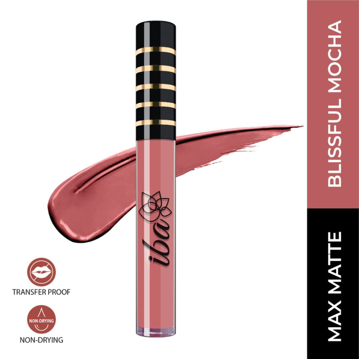 Iba Maxx Matte Liquid Lipstick in Blissful Mocha, showing the deep, rich brown liquid lipstick in a sleek tube.