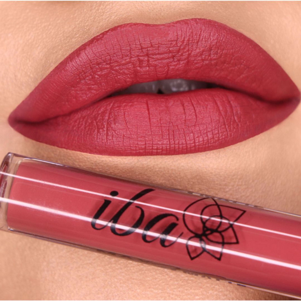 Iba Maxx Matte Liquid Lipstick in Blissful Mocha, showing a rich, creamy lipstick tube with the product label and swatch of the shade.