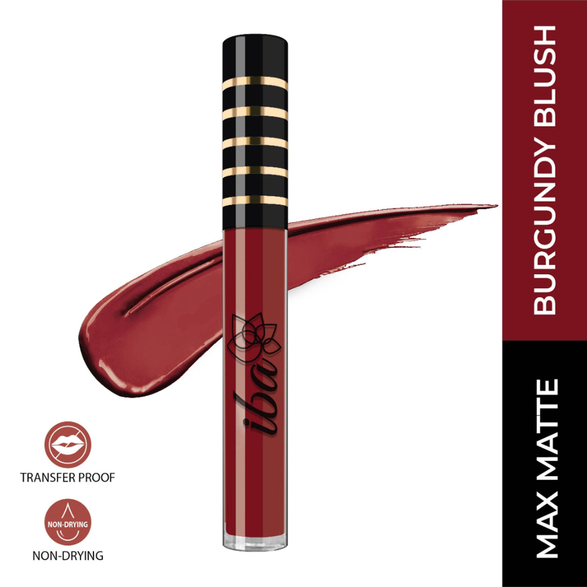 Iba Maxx Matte Liquid Lipstick in Burgundy Blush with a smooth, matte finish and applicator brush showing in the image.