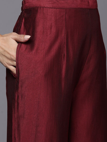 Indyancart IE Women Maroon & Golden Ethnic Motifs Printed Liva Kurta with Palazzos & Dupatta