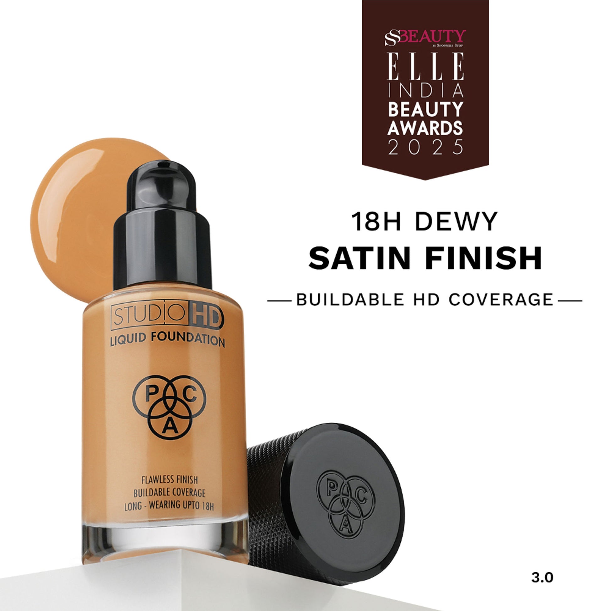 PAC Studio HD Liquid Foundation - Lightweight Dewy Satin Finish, Medium to Buildable Coverage - 3.0