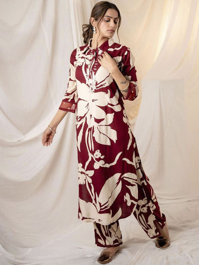 Indyancart IE Floral Printed Shirt Collar Sequinned Kurta with Trousers