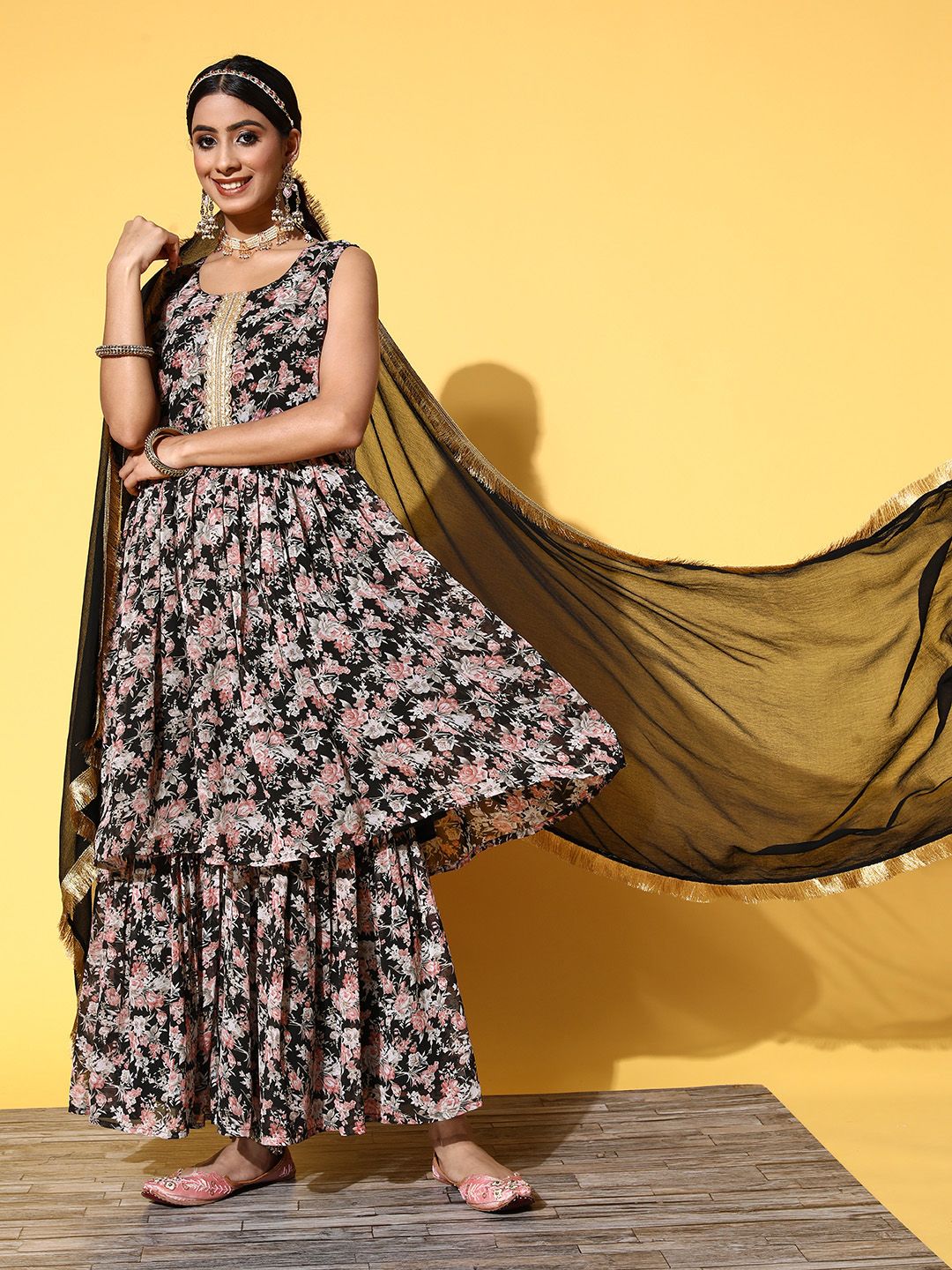 Indyancart VA Women Black Floral Printed Pleated Kurta with Sharara & With Dupatta