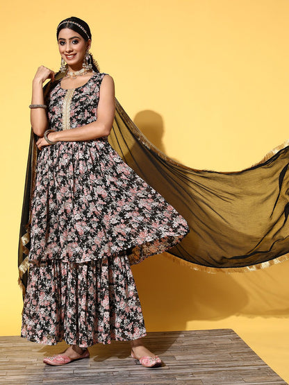 Indyancart VA Women Black Floral Printed Pleated Kurta with Sharara & With Dupatta