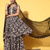 Indyancart VA Women Black Floral Printed Pleated Kurta with Sharara & With Dupatta