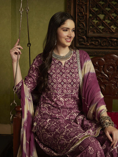 Indyancart SN Women's Purple Ethnic Motifs Printed A-Line Kurti & Sharara With Dupatta