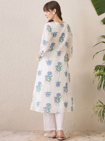 Indyancart IE Floral Printed Round Neck Pure Cotton A-Line Kurta With Trouser