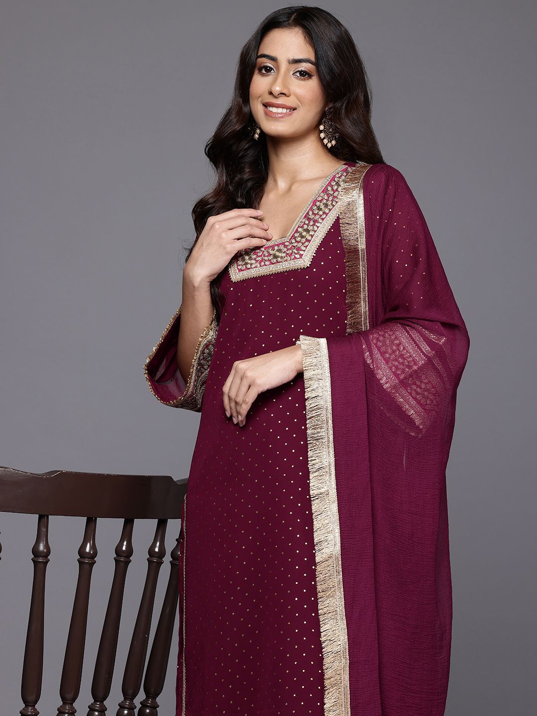 Indyancart VA Women's Gotta Patti Embroidered Silk Georgette Kurta with Trousers & Dupatta