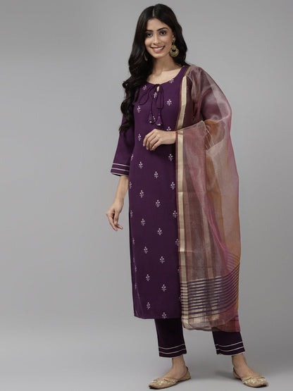 Indyancart IE Women Purple Embroidered Kurta with Trousers & With Dupatta