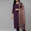 Indyancart IE Women Purple Embroidered Kurta with Trousers & With Dupatta