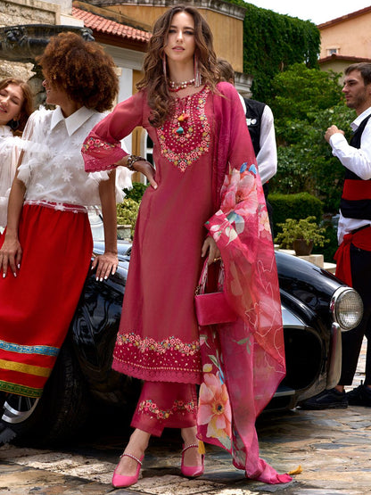Indyancart IE Floral Embroidered Kurta With Trousers & Dupatta