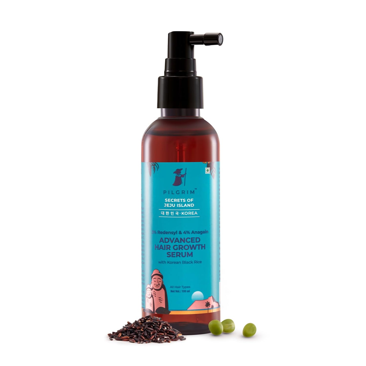 Pilgrim hair serum with 3% Redensyl, 4% Anagain, and Korean black rice for advanced hair growth treatment.
