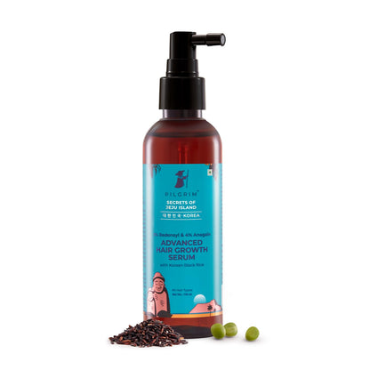 Pilgrim hair serum with 3% Redensyl, 4% Anagain, and Korean black rice for advanced hair growth treatment.