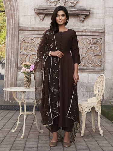 Indyancart TI Women's Coco Color Chinon Solid Flared Kurta and Pant with Sequenced Dupatta
