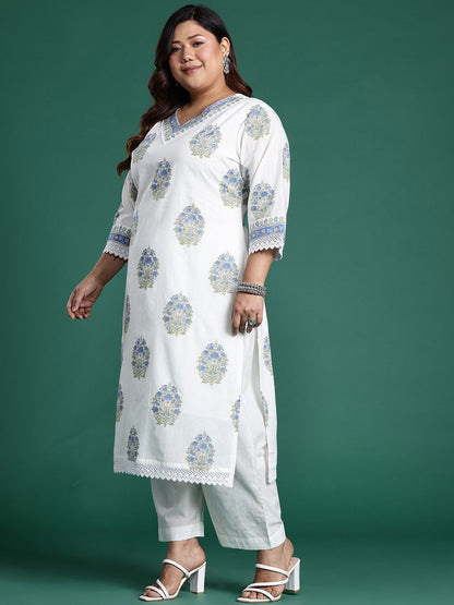 Indyancart IE Plus Size Floral Printed Sequinned Pure Cotton Kurta with Trousers & With Dupatta