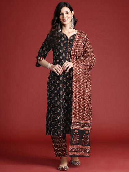 Indyancart IE Ethnic Motifs Printed Pure Cotton Kurta With Trousers & Dupatta