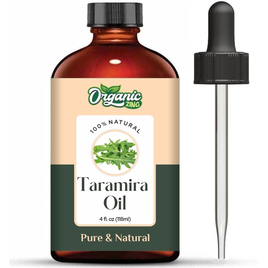 Organic Zing Taramira oil bottle for skincare and haircare, pure and natural steam-distilled essential oil for body massage.