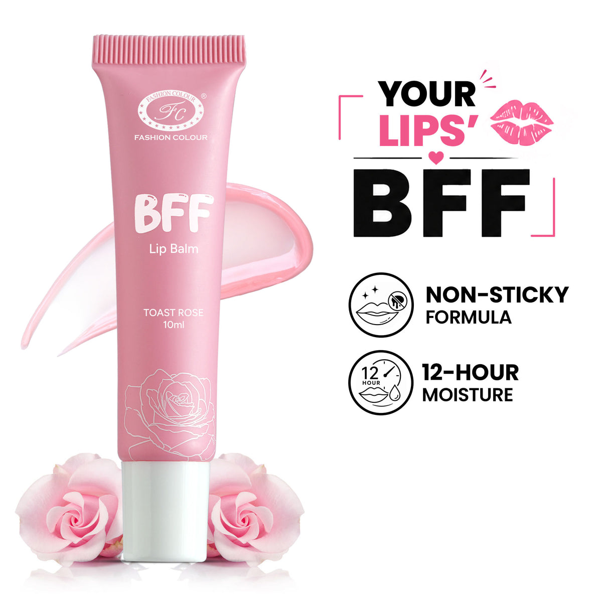 FASHION COLOUR BFF Lip Balm in Toast Rose, showing the pink-tinted balm in a sleek container with a clear lid.