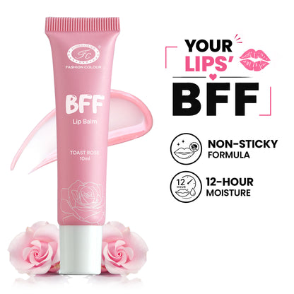 FASHION COLOUR BFF Lip Balm in Toast Rose, showing the pink-tinted balm in a sleek container with a clear lid.