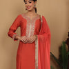 Dhiyona VA Women'sRust Floral Embroidered Regular Sequinned Straight Kurta With Trouser With Dupatta