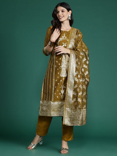 Indyancart IE Women Ethnic Motifs Woven Design Kurta with Trousers & With Dupatta