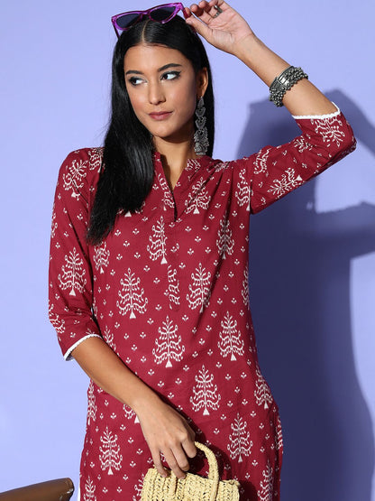 Dhiyona IE Women Maroon & White Pure Cotton Ethnic Motifs Printed Kurta