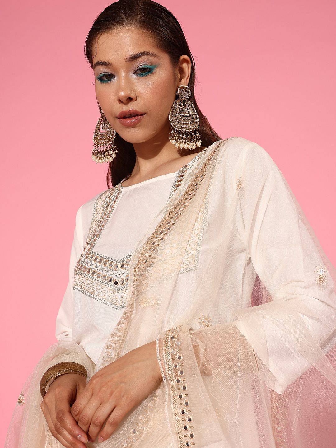 Indyancart IE Women Embroidered Regular Mirror Work Kurta with Trousers & With Dupatta