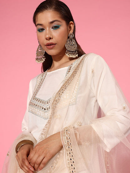 Indyancart IE Women Embroidered Regular Mirror Work Kurta with Trousers & With Dupatta