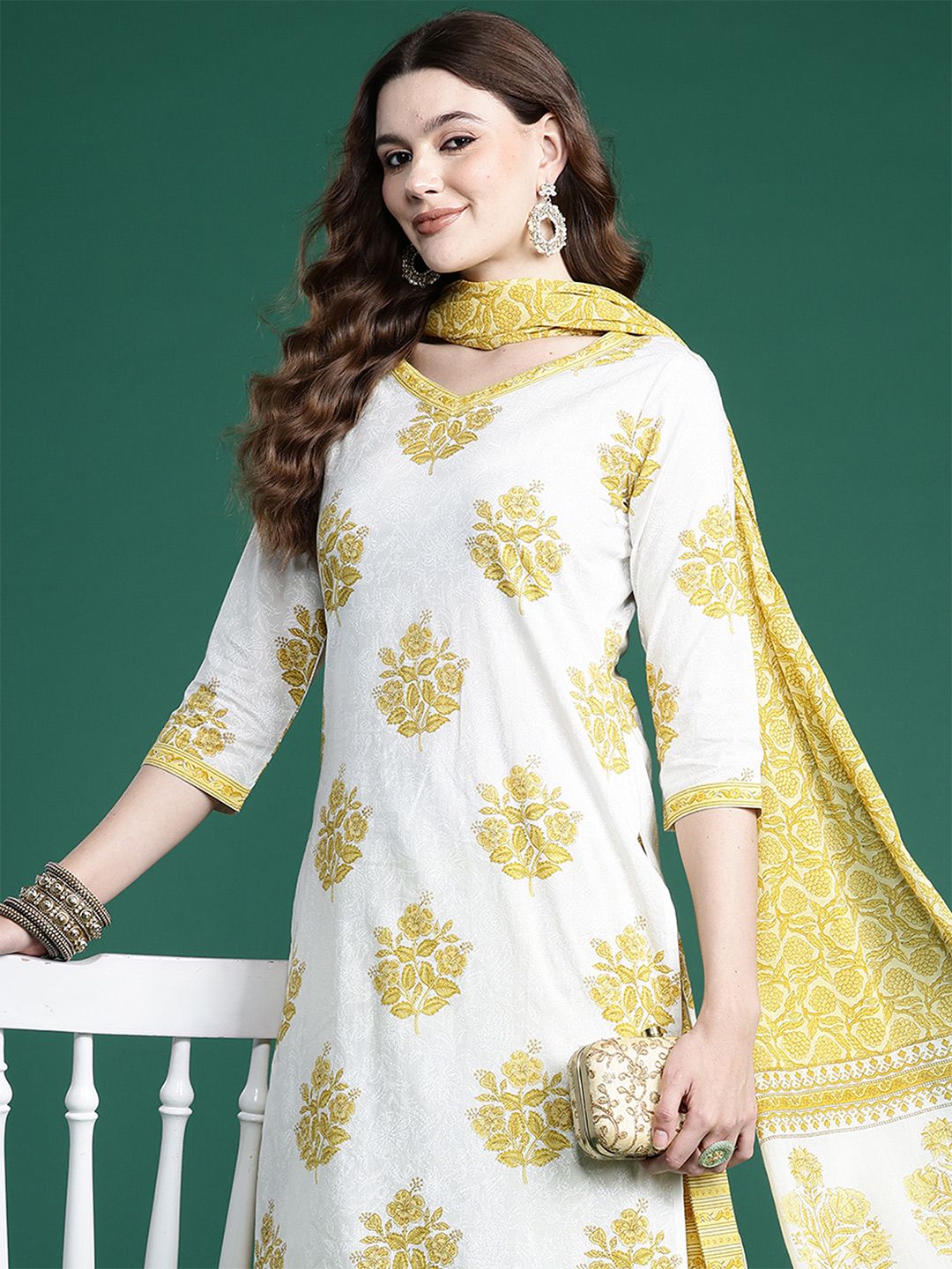 Ethnic Motifs Printed Pure Cotton Kurta with Salwar & With Dupatta