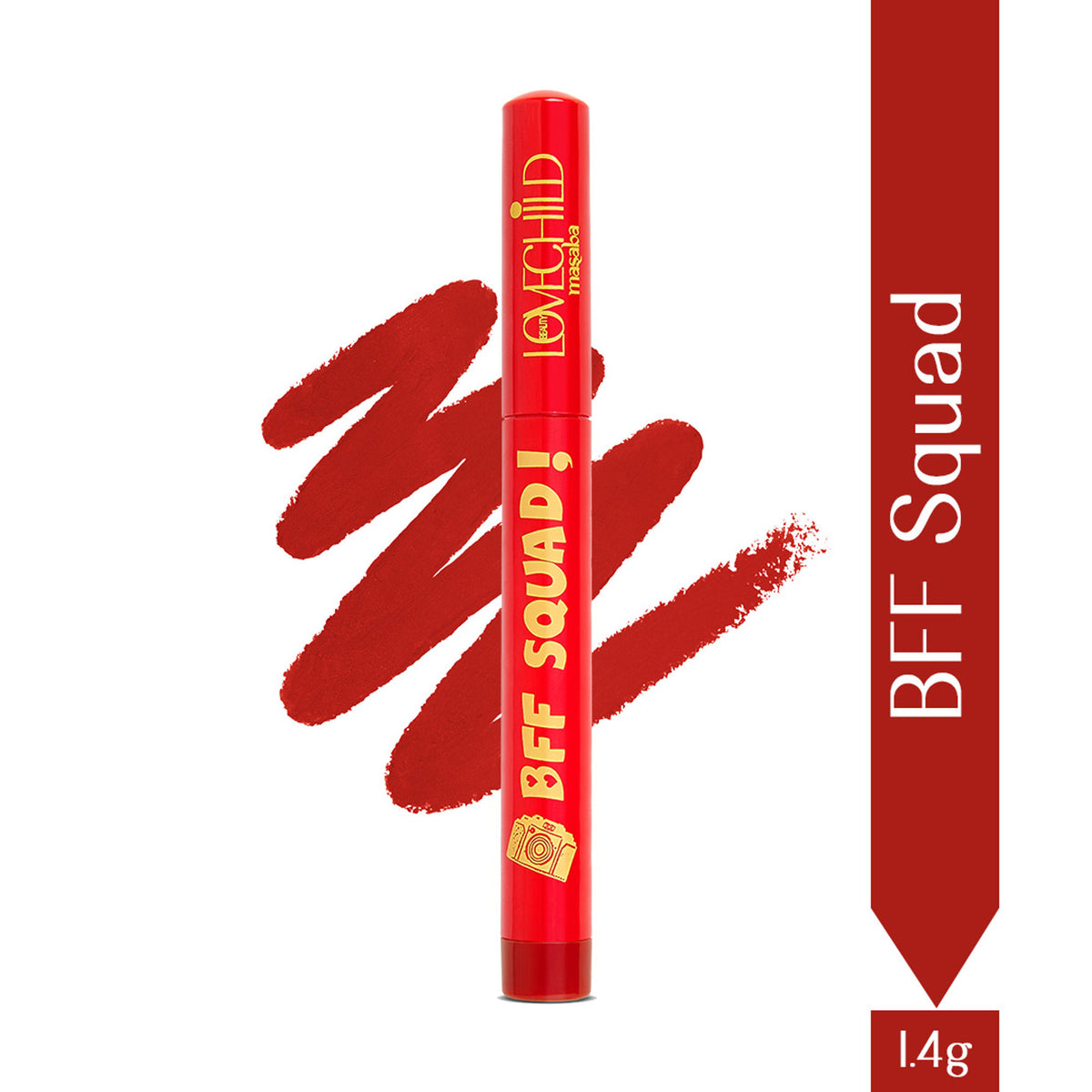 LoveChild Masaba BFF Squad volumizing matte crayon lipstick in vibrant pink shade, displayed on a neutral background.