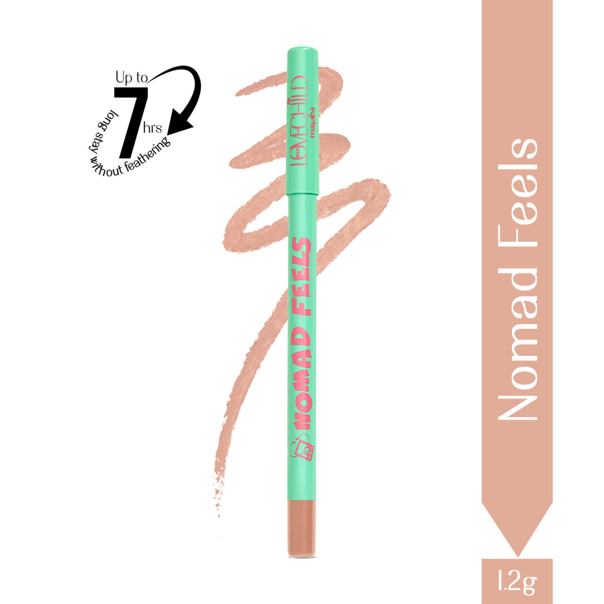 LoveChild Masaba Passport Pucker Matte Lip Liner in Nomad Feels, close-up of the brown lip liner pencil with product packaging.