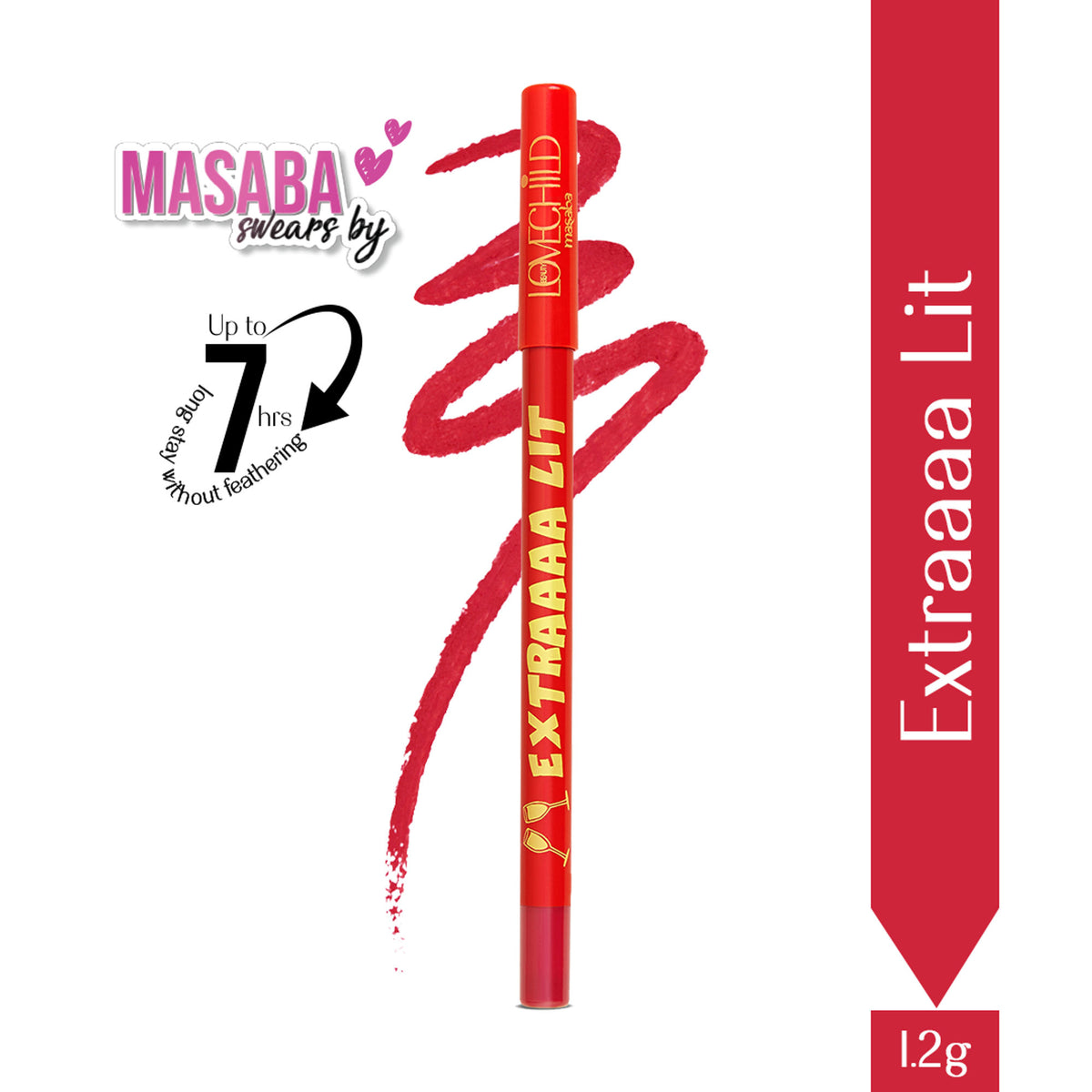 LoveChild Masaba LoveChild Masaba Passport Pucker Matte Lip Liner in vibrant shade, shown with product packaging and swatched on skin.