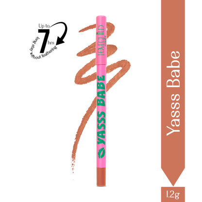 LoveChild Masaba Passport Pucker Matte Lip Liner in Yasss Babe, featuring a sleek black and pink packaging with the lip liner tip visible.