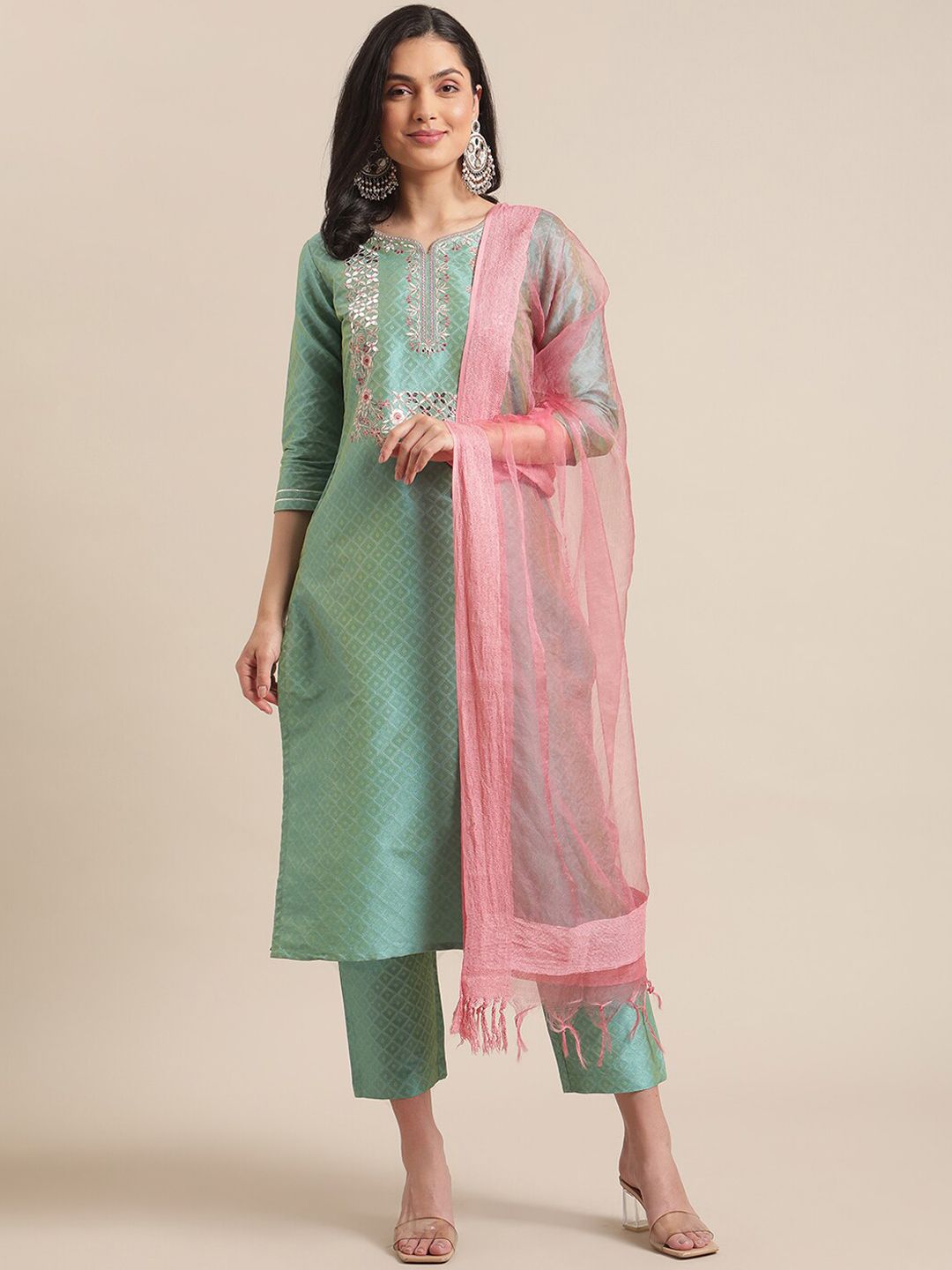 Indyancart VA Women's Sea Green Thread Embroidered Yoke Textured Kurta with Trouser