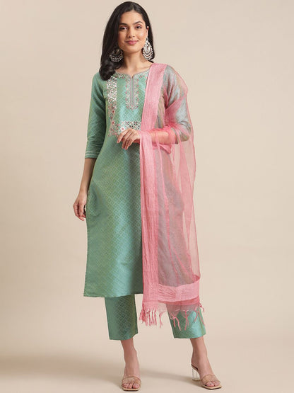 Indyancart VA Women's Sea Green Thread Embroidered Yoke Textured Kurta with Trouser