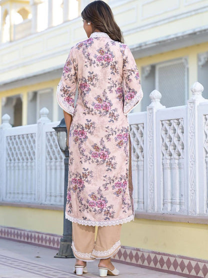 Indyancart VA Women'sFloral Printed Mirror Work Pure Cotton Straight Kurta with Trousers & Dupatta