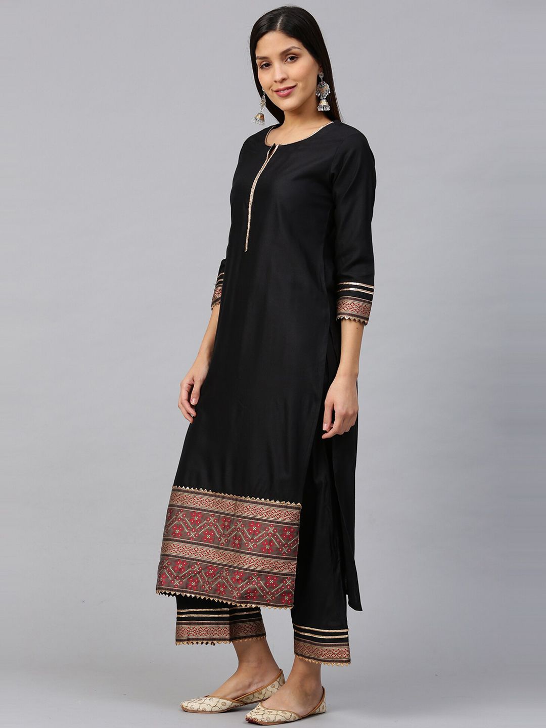 Indyancart IE Women Black Ethnic Motifs Printed Straight Kurta with Palazzos & Dupatta