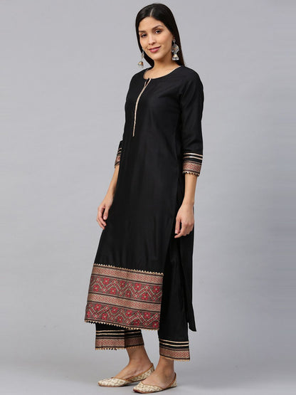 Indyancart IE Women Black Ethnic Motifs Printed Straight Kurta with Palazzos & Dupatta