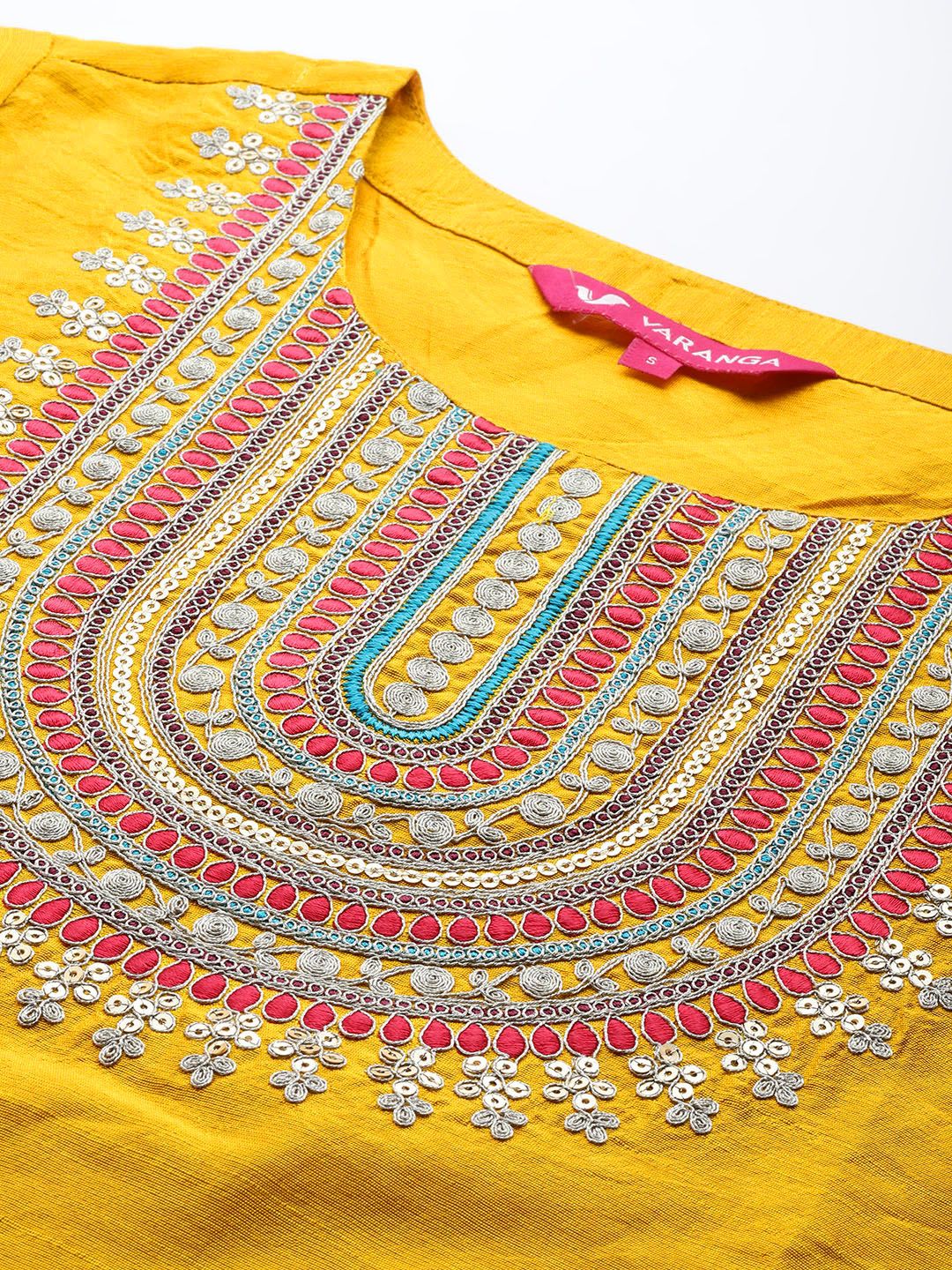 Indyancart VA Women's Mustard Yellow & Pink Yoke Design Kurta with Trousers & Dupatta