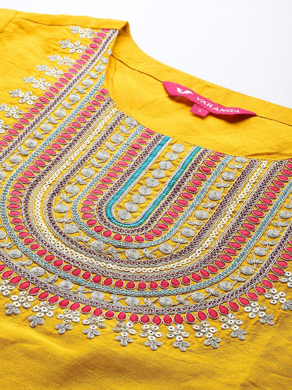 Indyancart VA Women's Mustard Yellow & Pink Yoke Design Kurta with Trousers & Dupatta